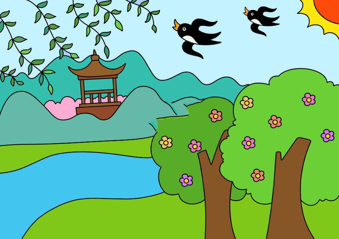 春天來了主題畫 春天風景畫 簡筆畫 簡單