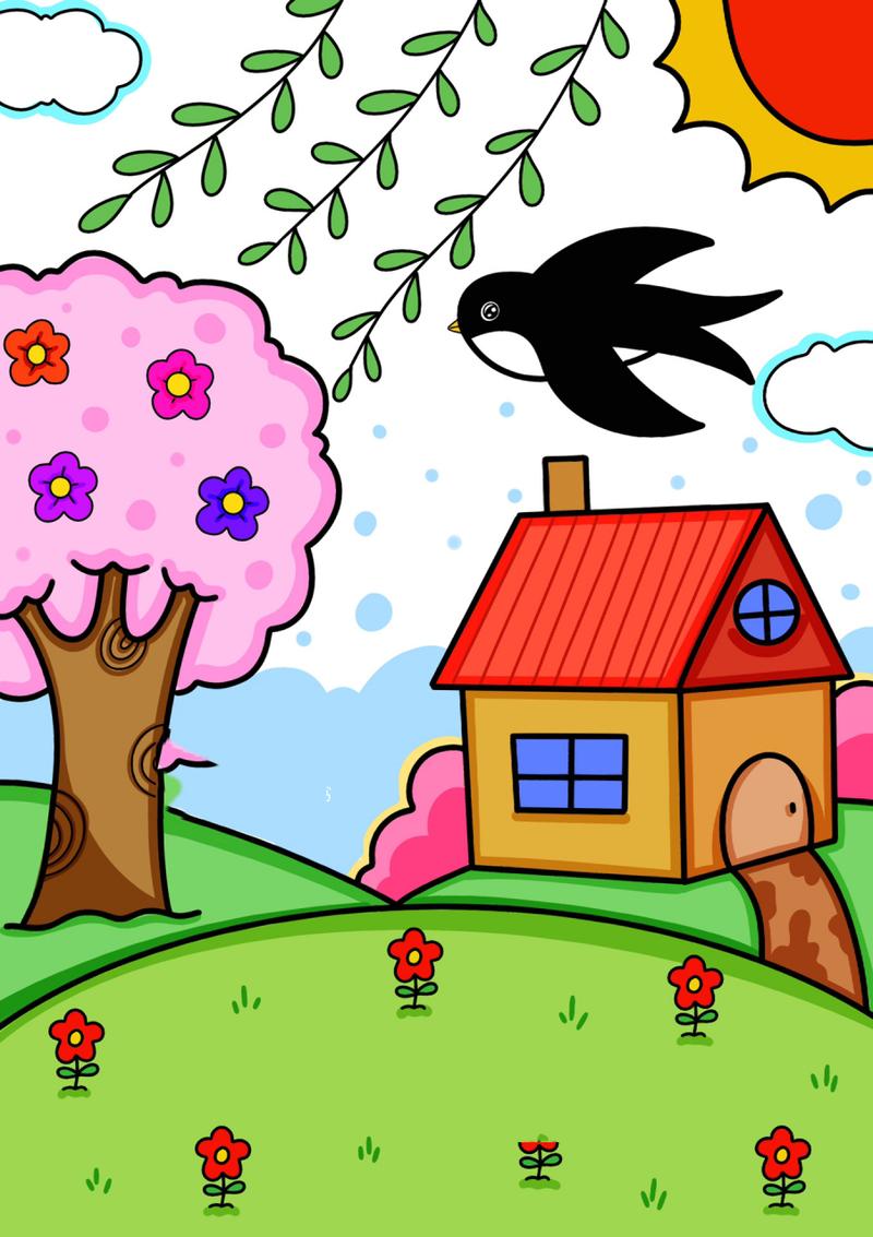 春天風景畫 可愛的小房子兒童創意畫 簡筆畫