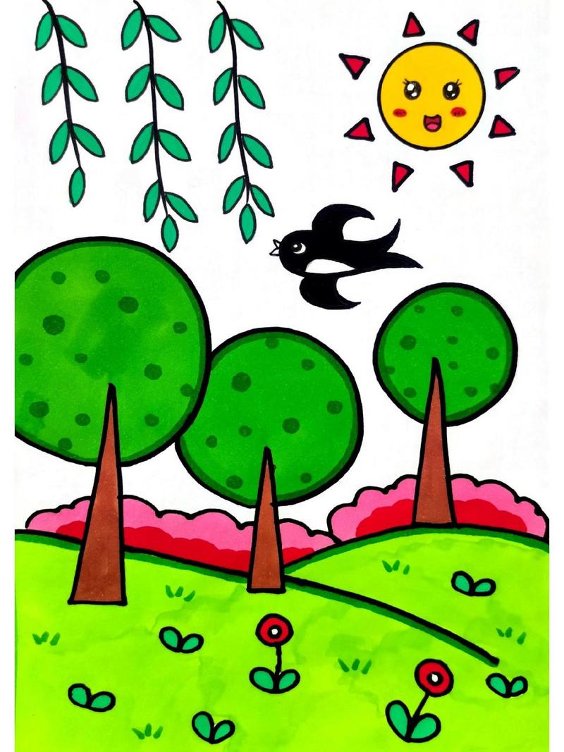 春天的主題簡筆畫 用三角形和圓形畫一幅春天主題簡筆畫超簡單秒學會