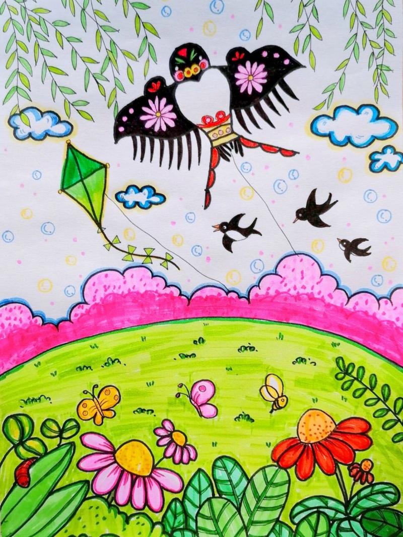 春天主題兒童畫|簡筆畫|兒童創意畫|有線稿 春天來了萬物復蘇畫一張